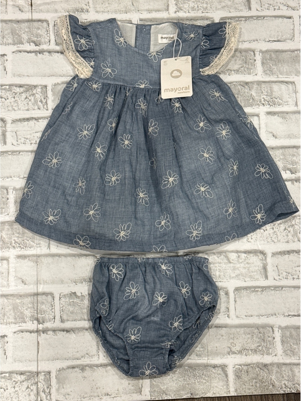 Mayoral Newborn Blue Floral Embroidered Dress with Matching Bloomers, 18 Months